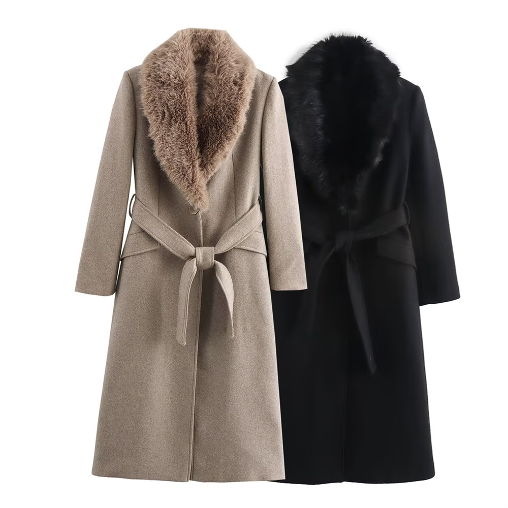 Wool Coat Peacoat - Женский пояс, теплое пальто с меховым