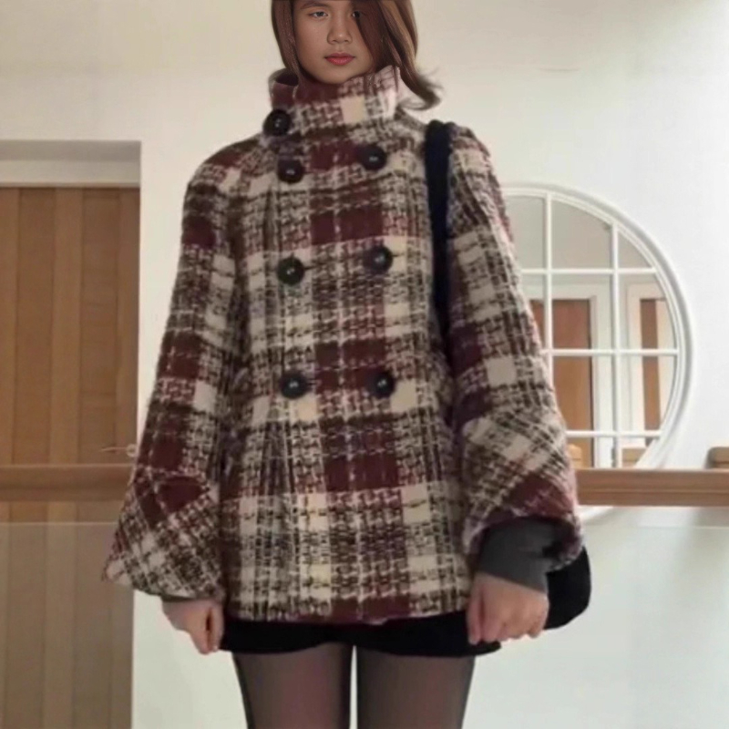 Wool Coat Peacoat - Теплое клетчатое пальто с высоким воротником